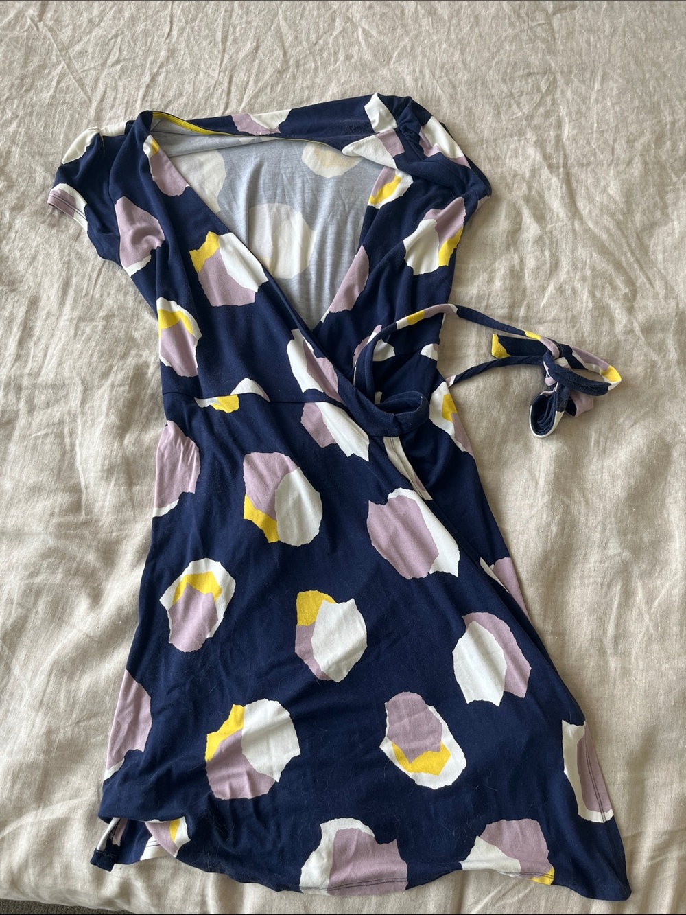 Boden Navy, Yellow, Purple, White Wrap Dress with Abstract Abstract Floral Print
